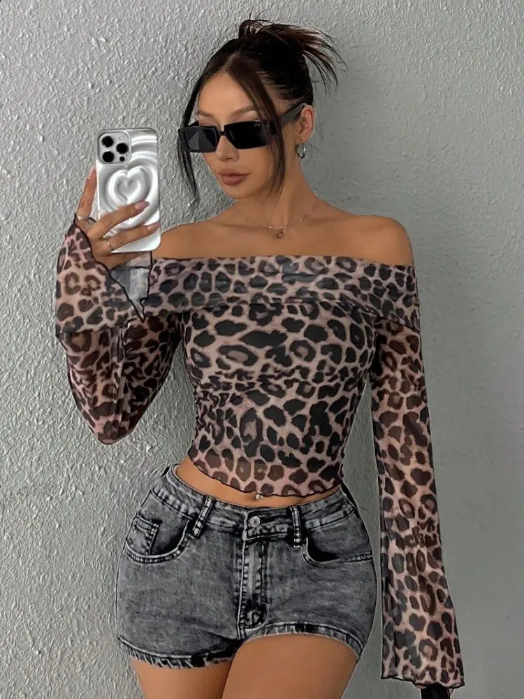 Lygens Leopard Print Long Sleeve Mesh Ruched Slim Crop Tshirt Top Casual Clothes Sexy Y2K Streetwear Manufacturer 2024 250311