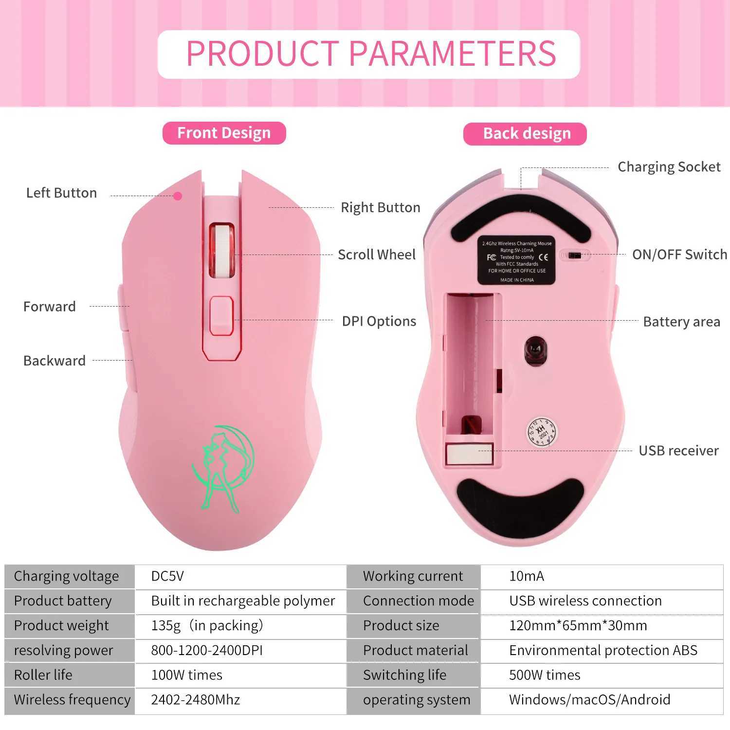 2.4G Raton inalambico Silent Charging Wireless Mouse Pink Luminous Beauty Computer Mouse Z250320