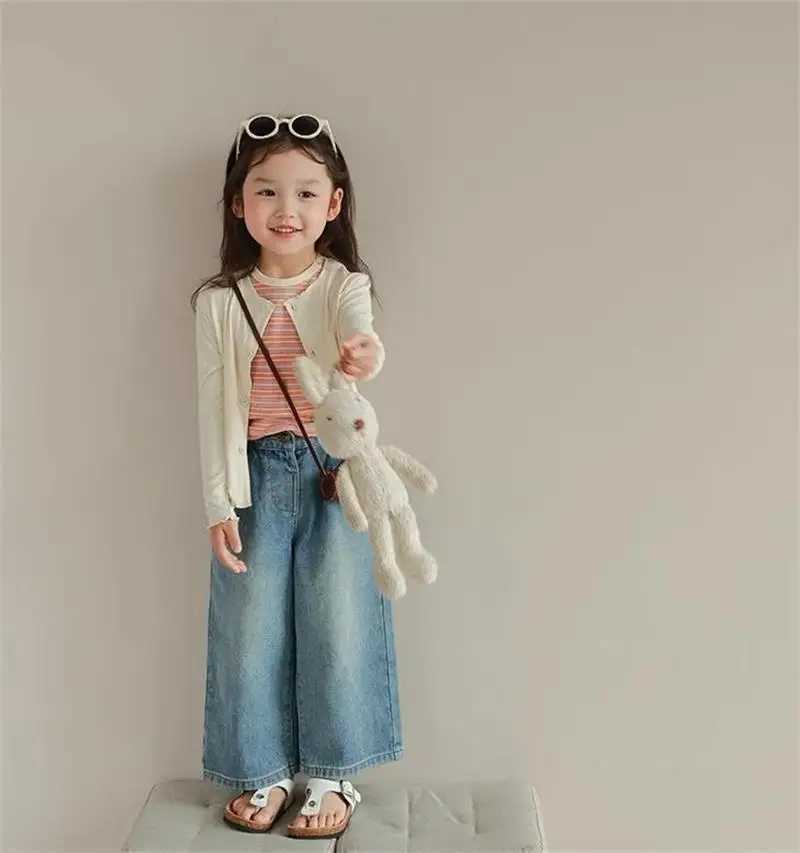 Interesting Bear Girl Clothing Childrens Clothing Summer Bag Multi Pocket Elastic Waist Jeans Wide Leg PantsT250326