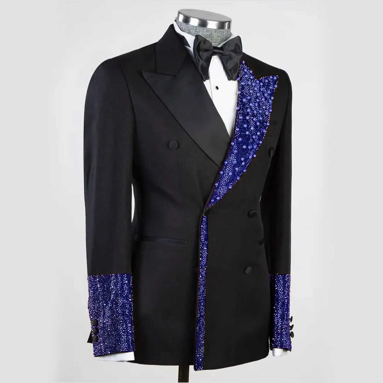 Modern Wedding Tuxedos Blue Beaded Men Suit Peaked Lapel 2 Piece Set Jacket Pants Party Groom Business Blazers Customized