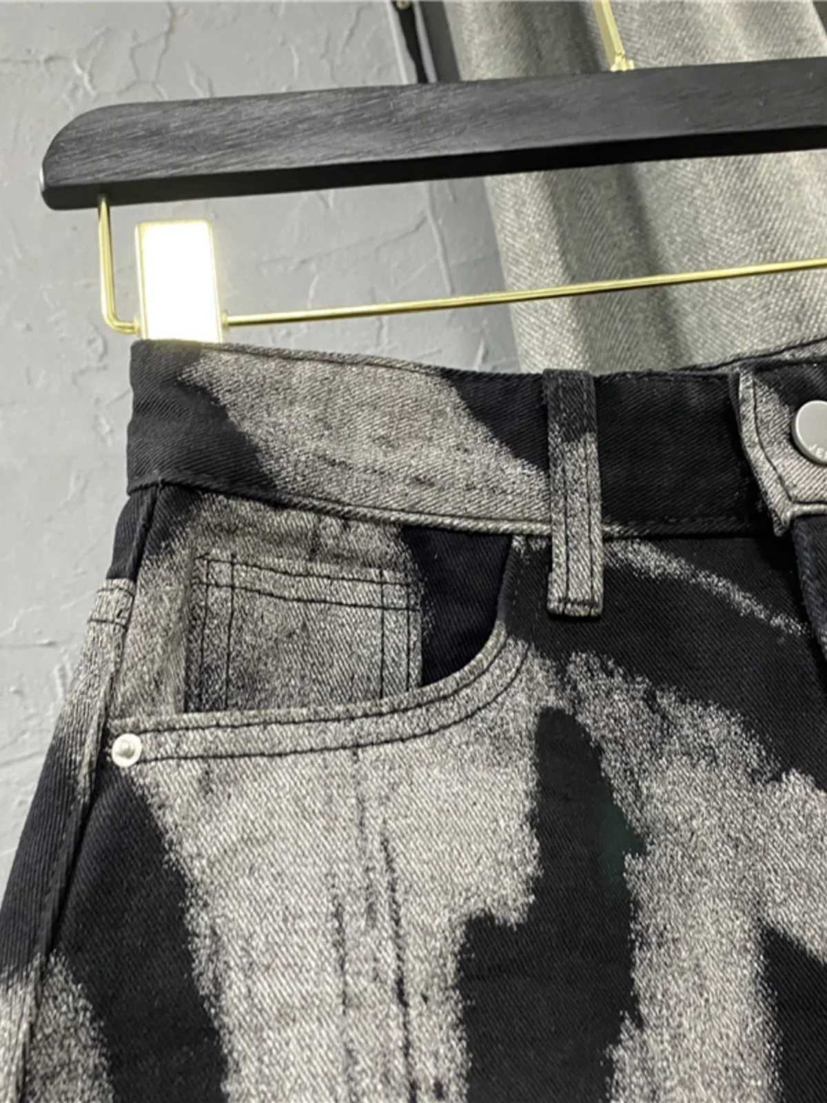 Black gray tie dye denim short sleeved high waisted personalized pattern denim skirt pleated A-line skirt fashion versionXJ250320