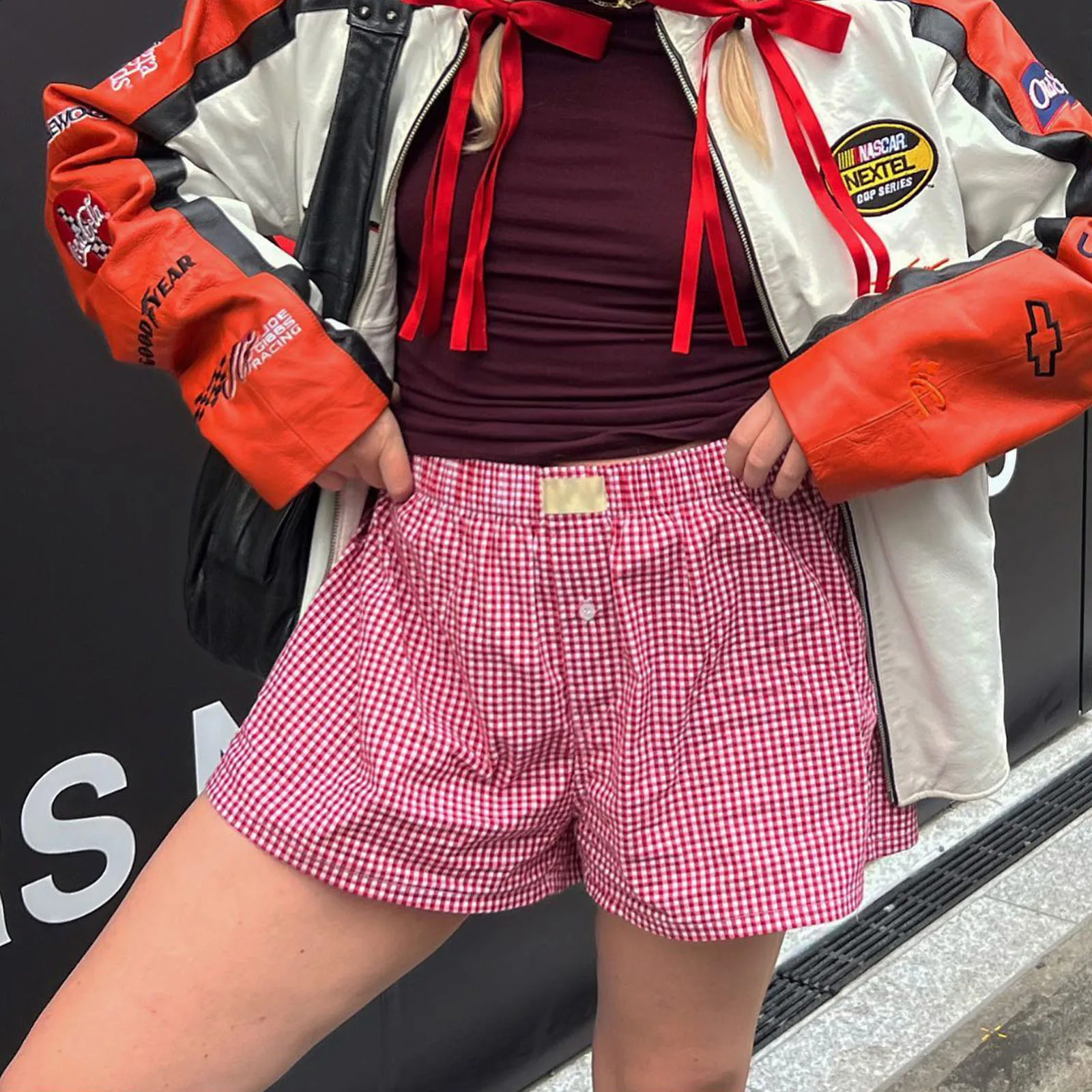 Women Y2K Retro Cleanfit Plaid Print Elastic Low Waist Button Front Aesthetic Loungewear Loose Shorts Boxers Streetwear 250319