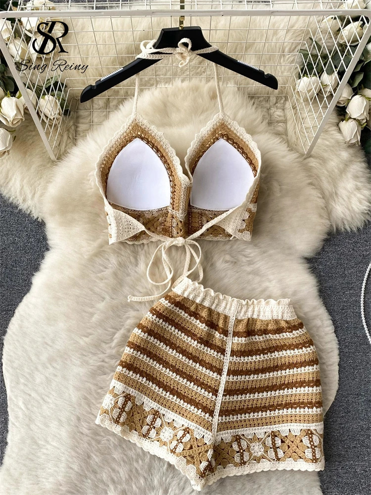 SINGREINY Summer Knit Beach Suit Women Short Camisole Hollow Out Wide Leg Shorts Fashion Vacation Stripe Casual Two Pieces Sets 250320