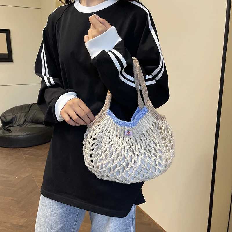 Large capacity womens knitted bag hollow outer bucket shoulder bag 2 sets of mesh travel shopping handbag womens fashion handbag Y250319