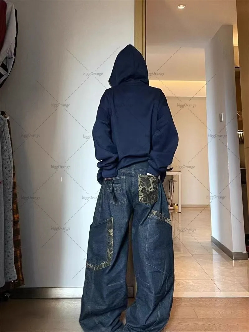 American Y2k Harajuku Washing Jeans Leopard Print Dark Blue High Street Retro Clothing Loose Super Large Straight Wide-leg Pants 250319