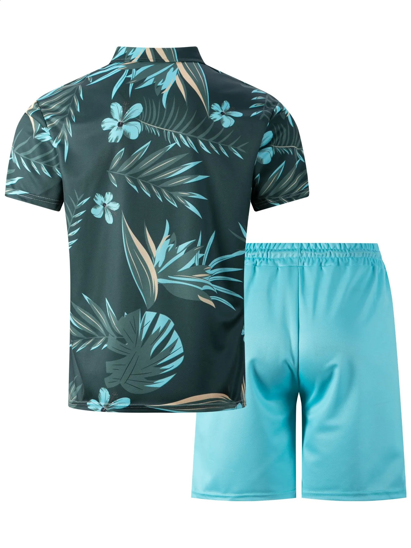 Summer Mens Beach Casual Zipper Top Short Sleeve Printed T-shirt Two Piece Brushed Shorts Set 250314