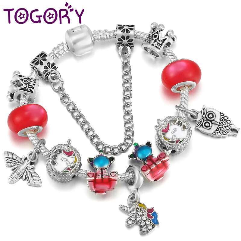 Silver Plated Rainbow Unicorn Pendant Charm Bracelet DIY Red Murano Glass Beads Bracelet For Women Fashion Jewelry Gift Pulseras