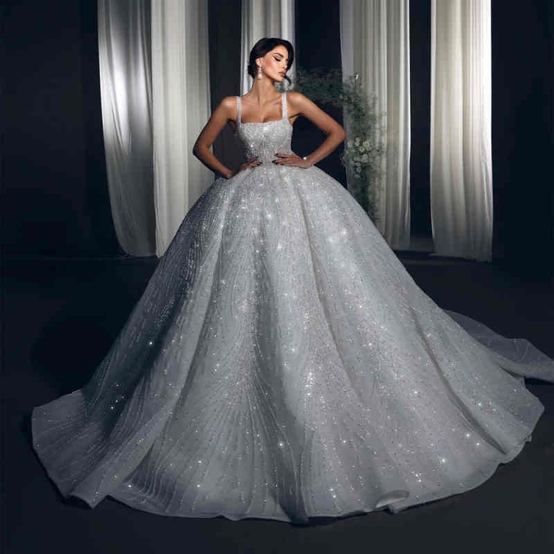 Sexy Square Neck Ball Gown Wedding Dresses Elegant Sleeveless Bridal Gowns Glitter Sequined Lace Robe De Mariee Customized