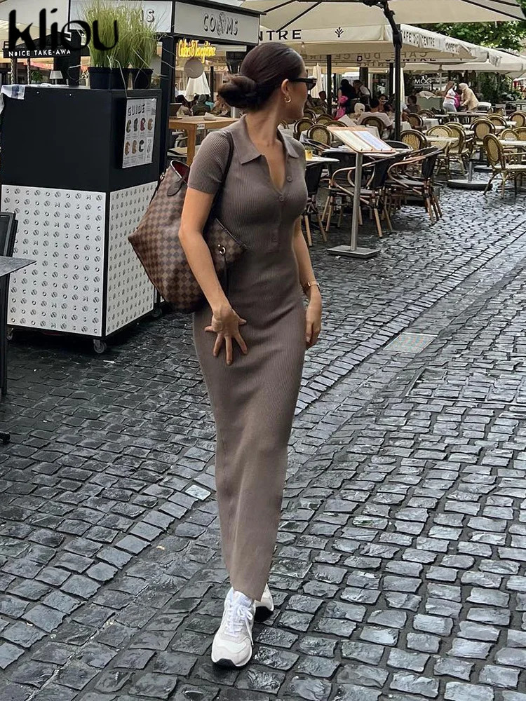 Kliou Elegant Office Ladies Maxi Dress Womens Solid Fashion Collar Short Sleeve Button Side Seam Shaper Street Dress 250409