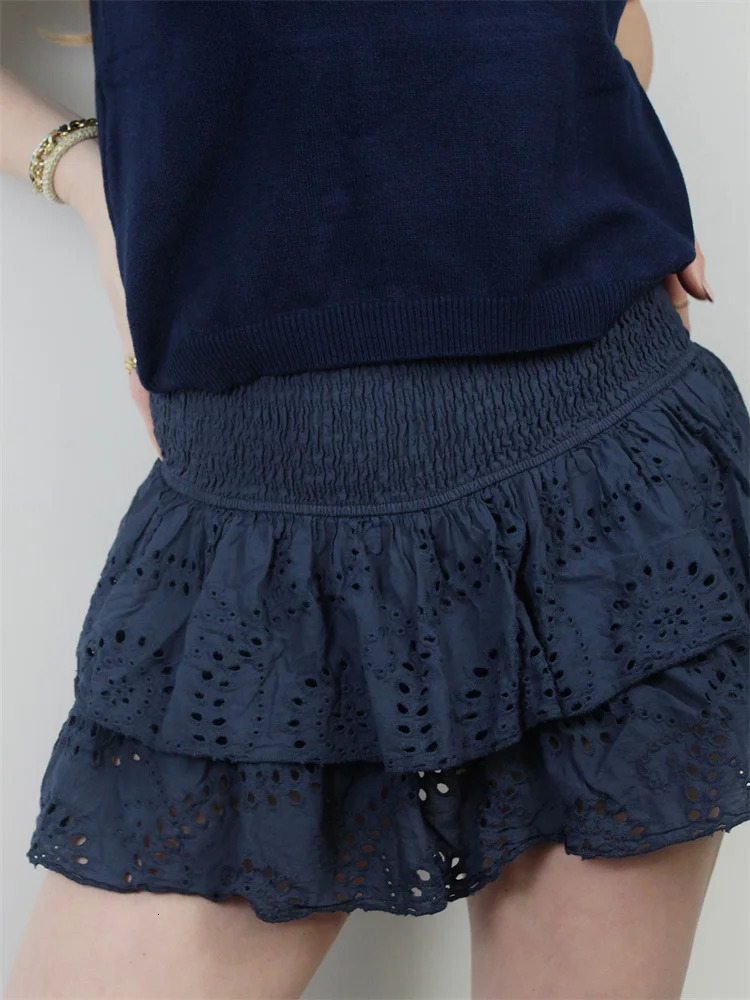CHRONSTYLE Women Lace Short Mini Skirts Elastic High Waist Layered Ruffles Hollow Out Skirts Summer Party Club Streetwear 250320
