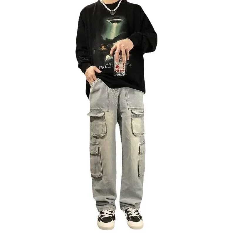 Retro jeans mens summer design sensitivity niche large pocket street goods pants fashion brand loose TrouserT250319