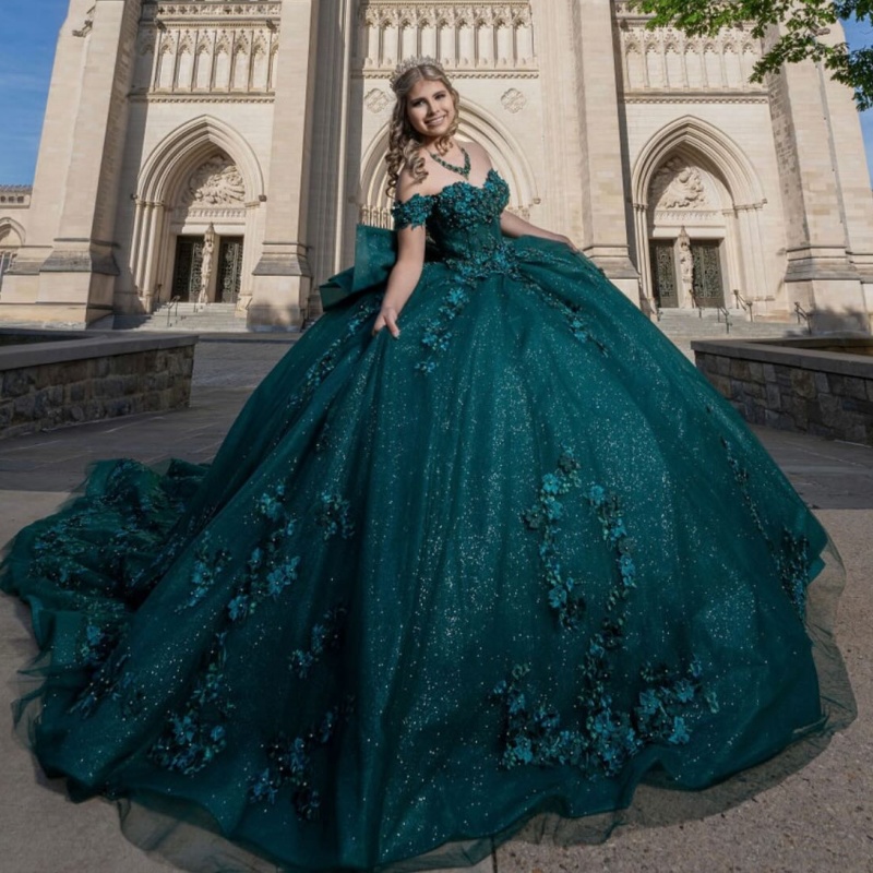 Blackish Green Shiny Off Shoulder Quinceanera Dresses Applique Lace Beading Bow Tull Tiered Party Birthday Sweet 16 Dress Vestidos 15 De Anos