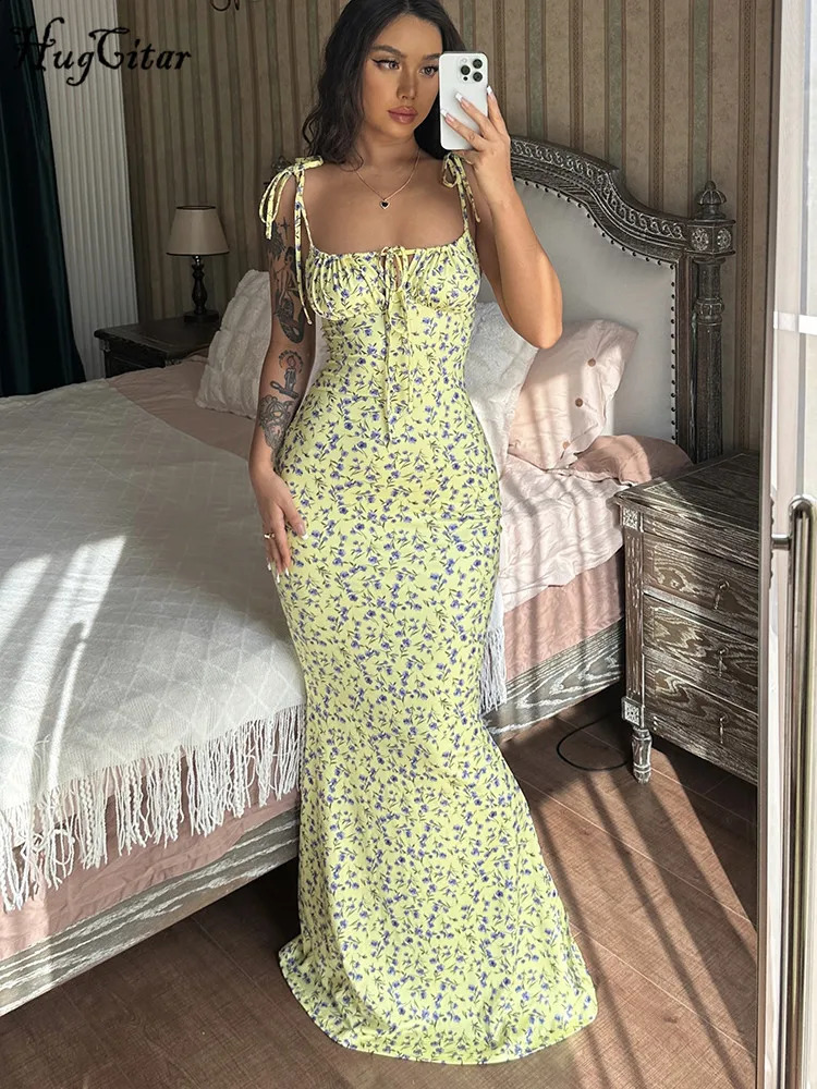 Hugcitar Floral Print Sleeveless Backless Slips Lace Up Maxi Dress Sexy Bodycon Summer Elegant Outfits Holiday Party Wholesale 250319