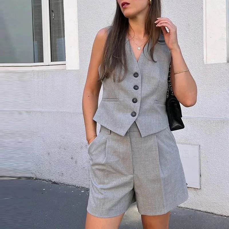 TRAF twopiece womens shorts set sleeveless formal vest top pleated gray casual 2piece 250320