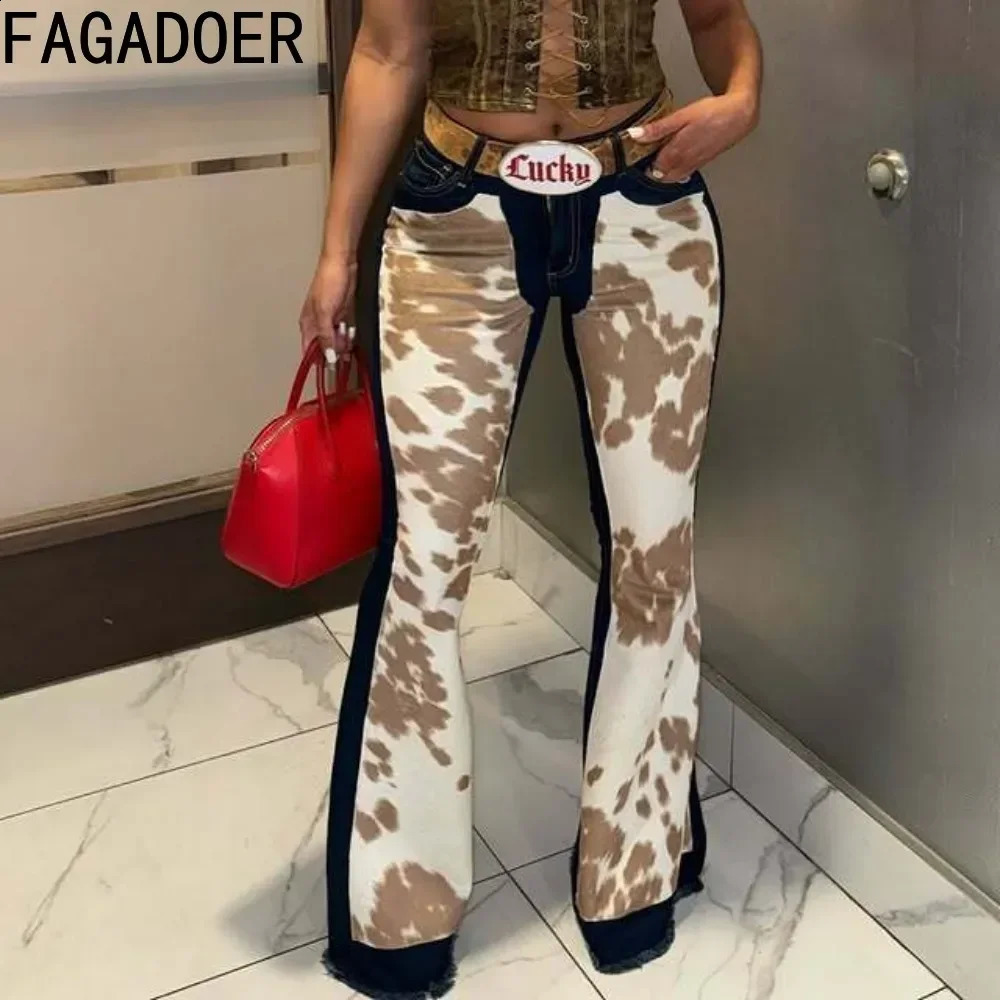 FAGADOER Spring Y2k Fashion Printing Patchwork Denim Pants Women Zipper Buttons Flare Jeans Female Streetwear Bottoms 250319