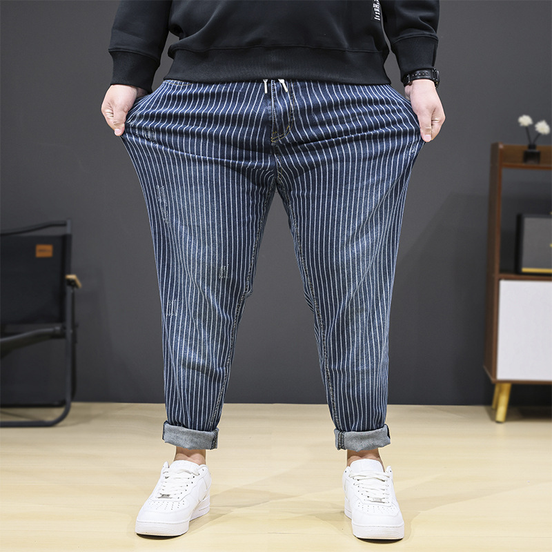 Plus Size 7XL Fashion Stripe Trend Jeans Men's Hip Hop Denim Pants Spring Summer Harem Trousers Men Elastic Waist Bottoms Blue XXXXXL