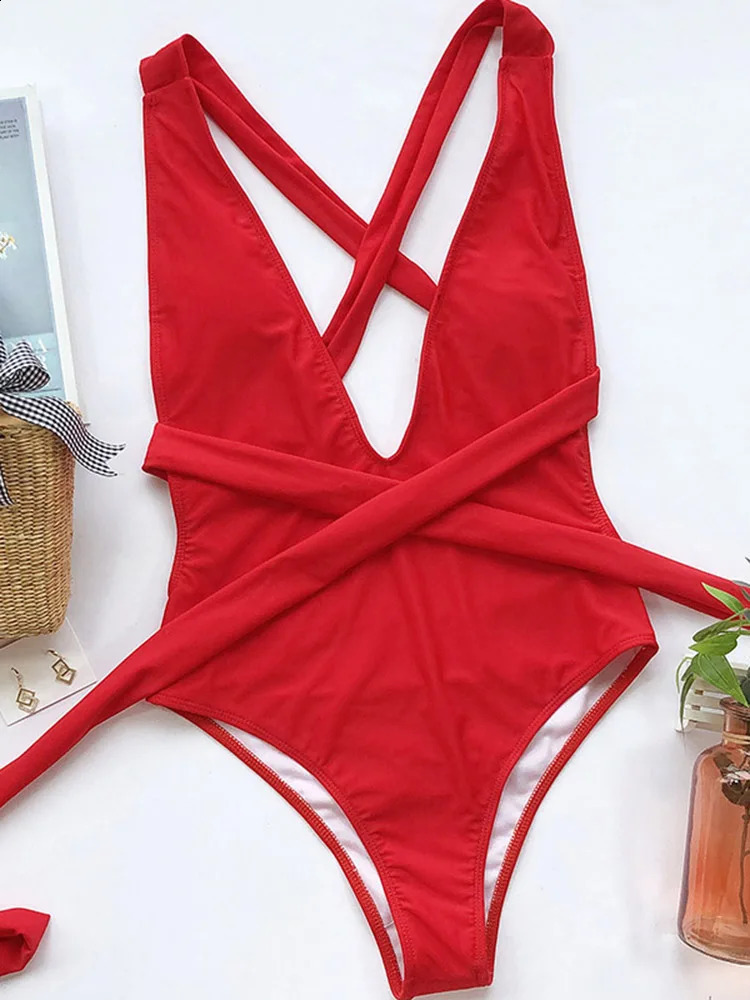 Plunging Women Swimsuit One Piece Sexy Swimwear Red Swimming Suit Monokini Crisscross Bathing Suits Beachwear 250319