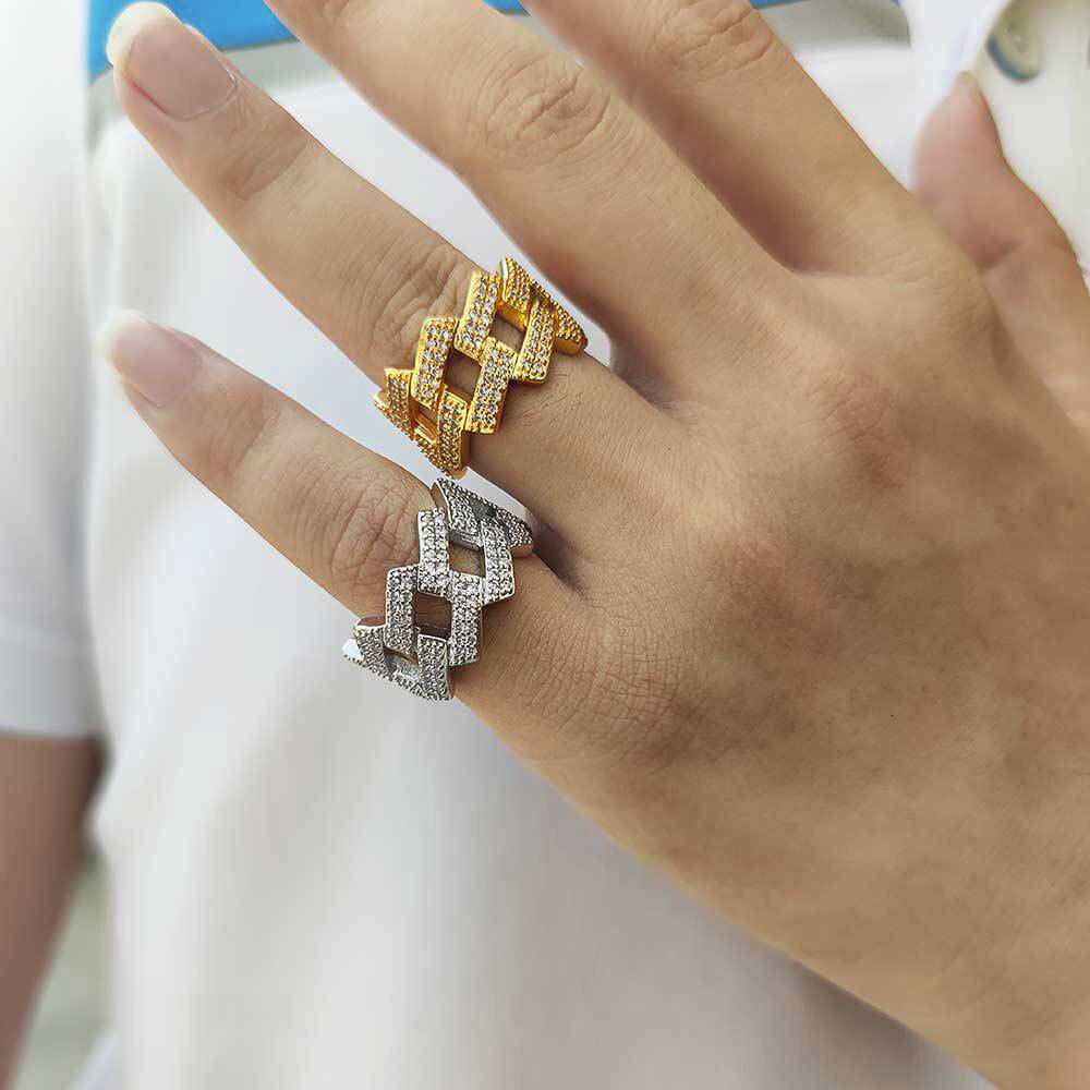 Hip Hop Fashion Iced Out For Men Brass Setting Cubic Zircon 14MM Cuban Ring Luxury Rhombus Jewelry