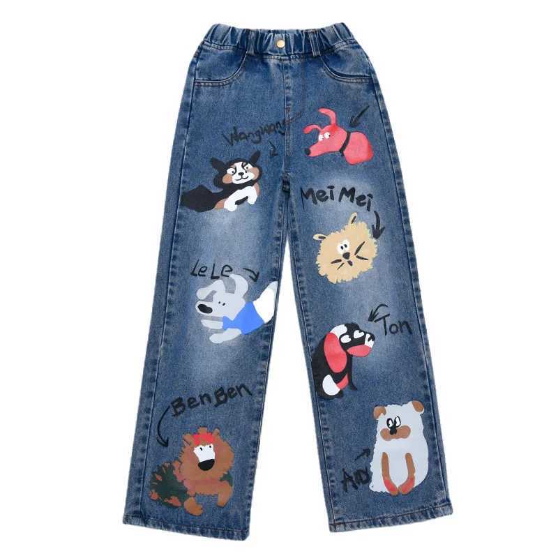 Teenage Girls Jeans New 2025 Cartoon Printed Elastic Middle Waist Loose Denim Trouser Spring Fashion Childrens Cute Wide Leg PantsT2502320