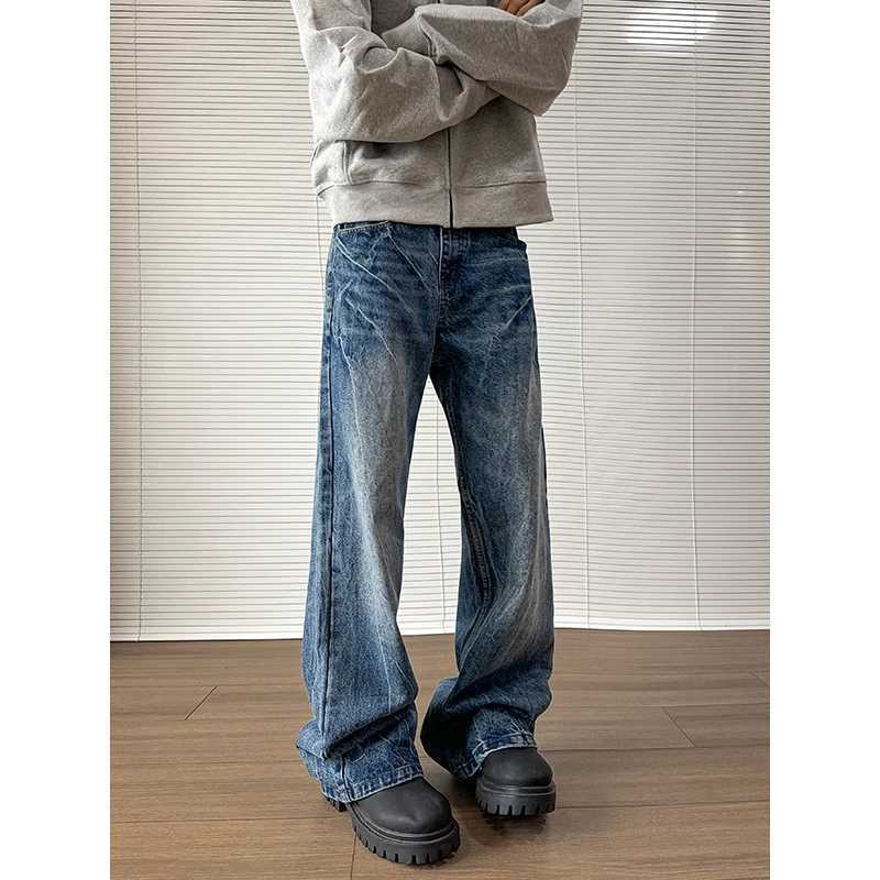 Pocket jeans mens denim pants blue acid washed mens jeans straight casual mens loose wide leg Trousers 2024 new mop pantsT250319