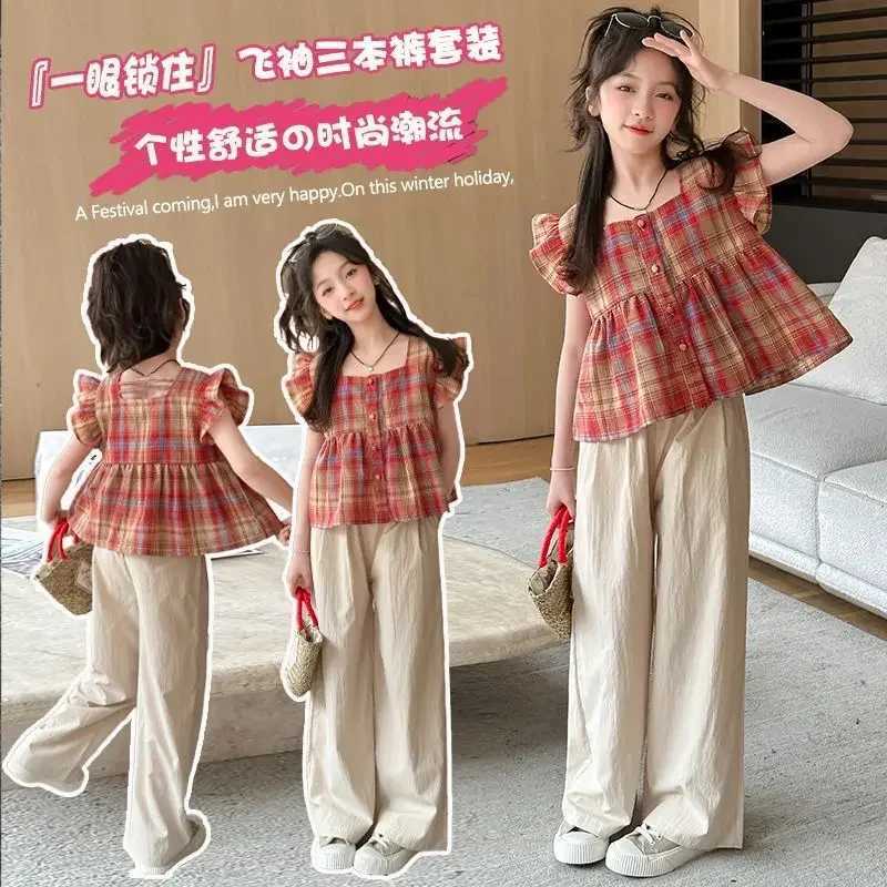 Girls summer flying sleeve short-sleeved doll suit 2024 new fashionable medium-sized big boy girl plaid two-piece set trendyT250320
