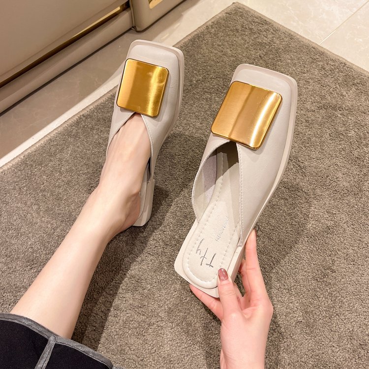 Fashion metal patent leather slip-on peep-toe half-slipper for women new style for summer versatile thick high heels cool slippers for women
