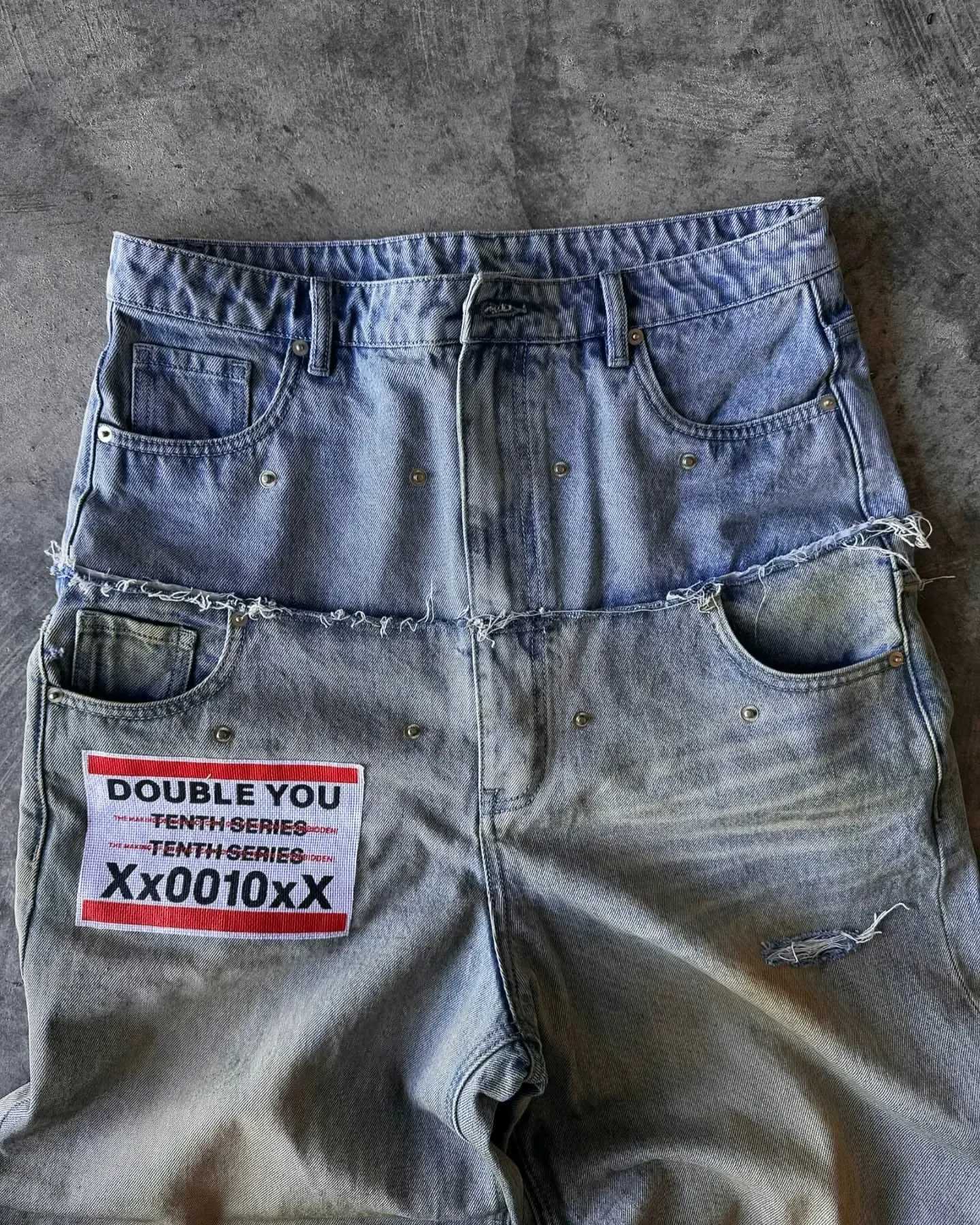 Loose open collar mens jeans Y2k spliced double waist jeans punk Harajuku wide leg pants street fashion jeans straight knit jeansT250319