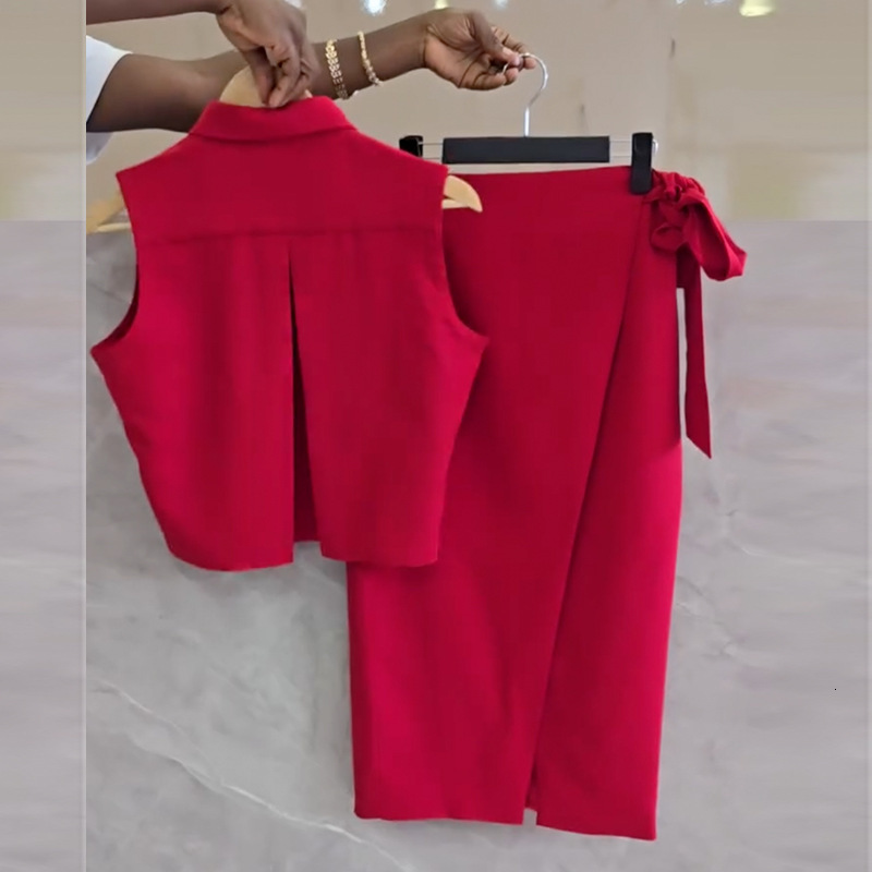 Women's Clothing 2025 New Sweet And Fresh Collared Sleeveless Shirt High Waist Slimming One Step Half Skirt Two-Piece Set