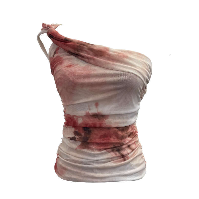 Oversized T Shirt Designer Top T Shirt Top Clothes Woman Clothes Mesh Printed Diagonal Shoulder Tank with Slim Fit and Pleated Temperament Short Top 8