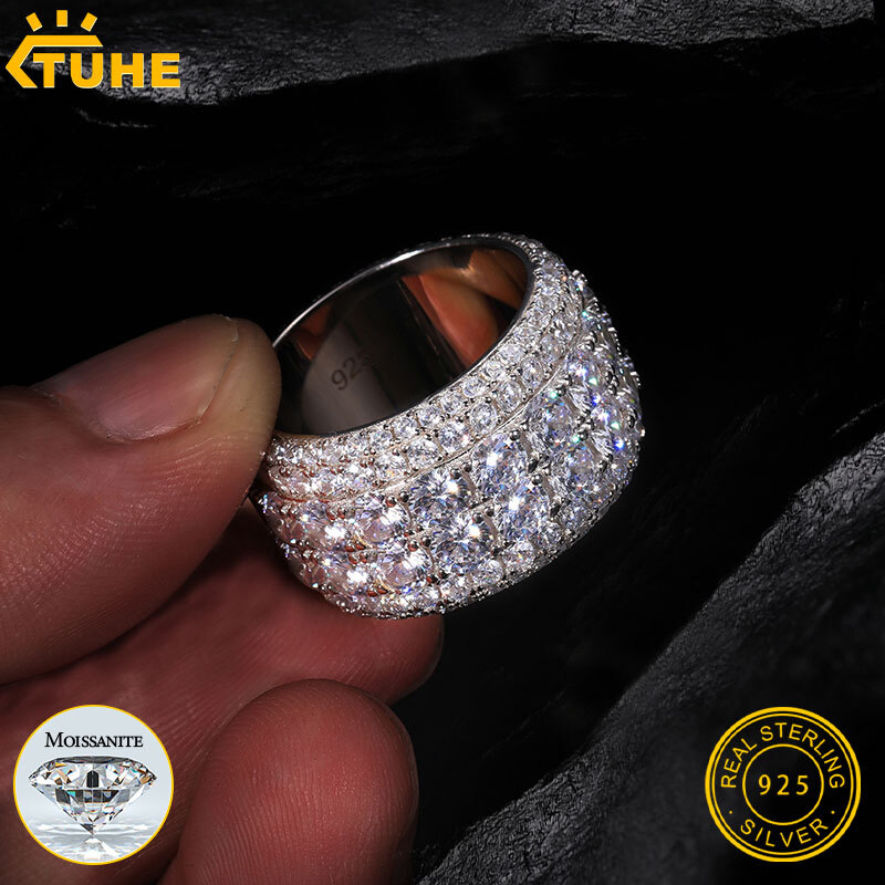 TUHE Unisex 925 Silver Ring Moissanite Stone Iced Out Couple Rings For Women Men Hip Hop Gifts