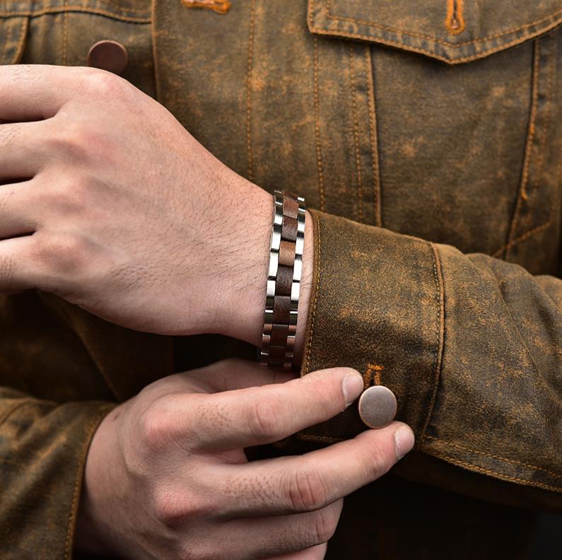 Men Walnut Chain Bracelets Jewelry Gifts Wood and Steel Bracelet Solid Wood Bracelet