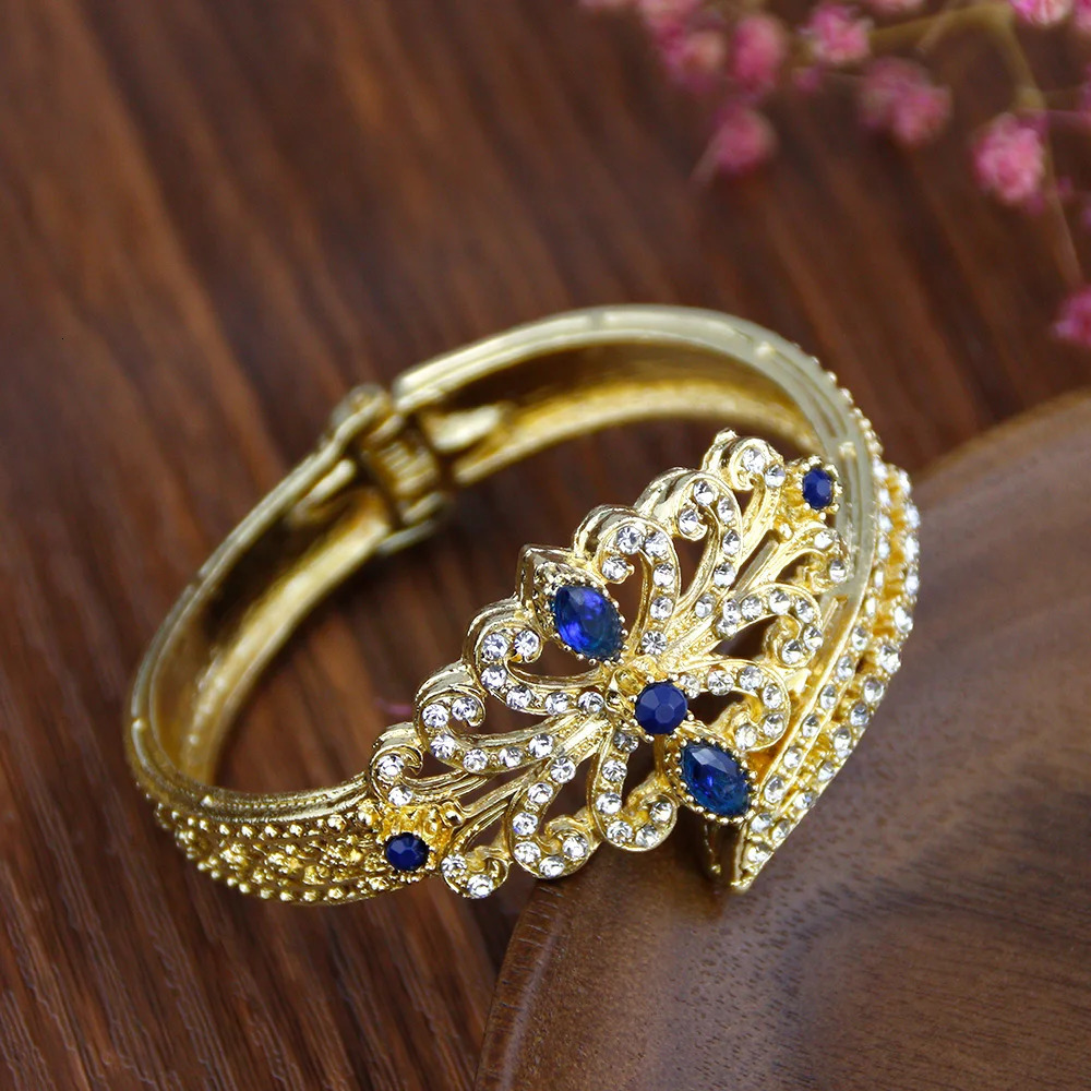 Sunspicems Elegent Morocco Bangle Gold Color Women Cuff Bracelet Full Rhinestone Arab Ethnic Wedding Jewelry Lover Gift 250320