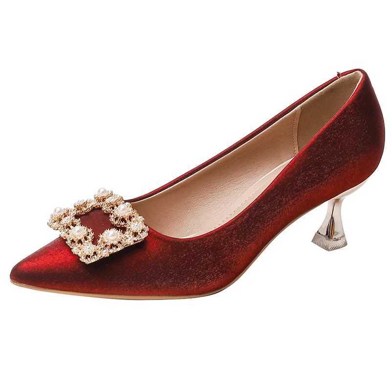 Wen H Pearl Buckle Corner Toe Stilito Heel Sexy Wedding Dress High Heels Pump Red H Bridal Shoes Small Size 33 34 Y250319