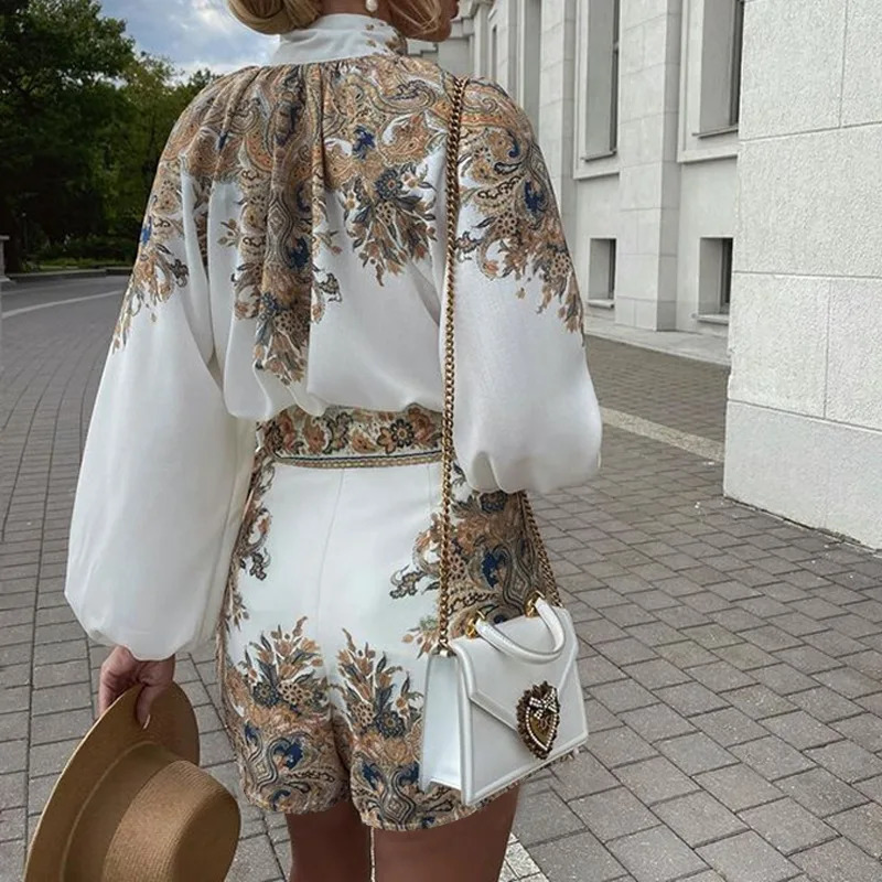 Vintage long sleeved shirt and shorts 2piece pocket set elegant office ladies autumn printed 250320