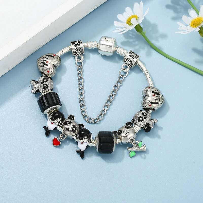 Cute Black Panda Dolphin Beads Charm Bracelets With Silver Plated Chain Bracelet For Women Men Girls Boy Pulseras Jewelry Gift