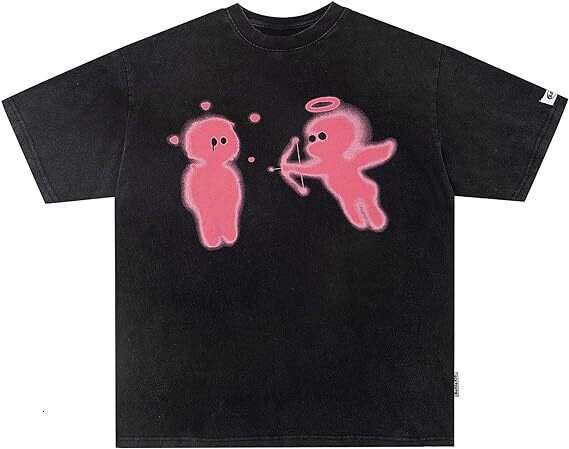 Little Angel American Funny Fuzzy Cartoon Printed Short sleeved T-shirt for Men Trendy Loose Simple High Street Couple TEE