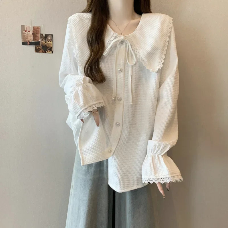 Large size loose long sleeved doll neck womens top spring Korean style weight loss version antiaging clothing 250319