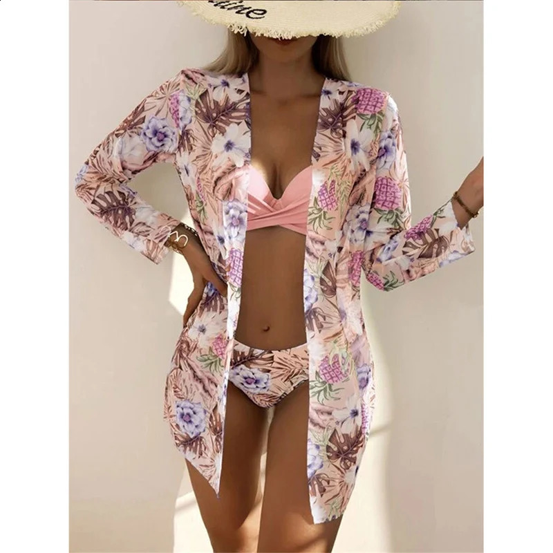 Flower low waist bikini set womens down swimsuit long sleeved three piece beach 250319