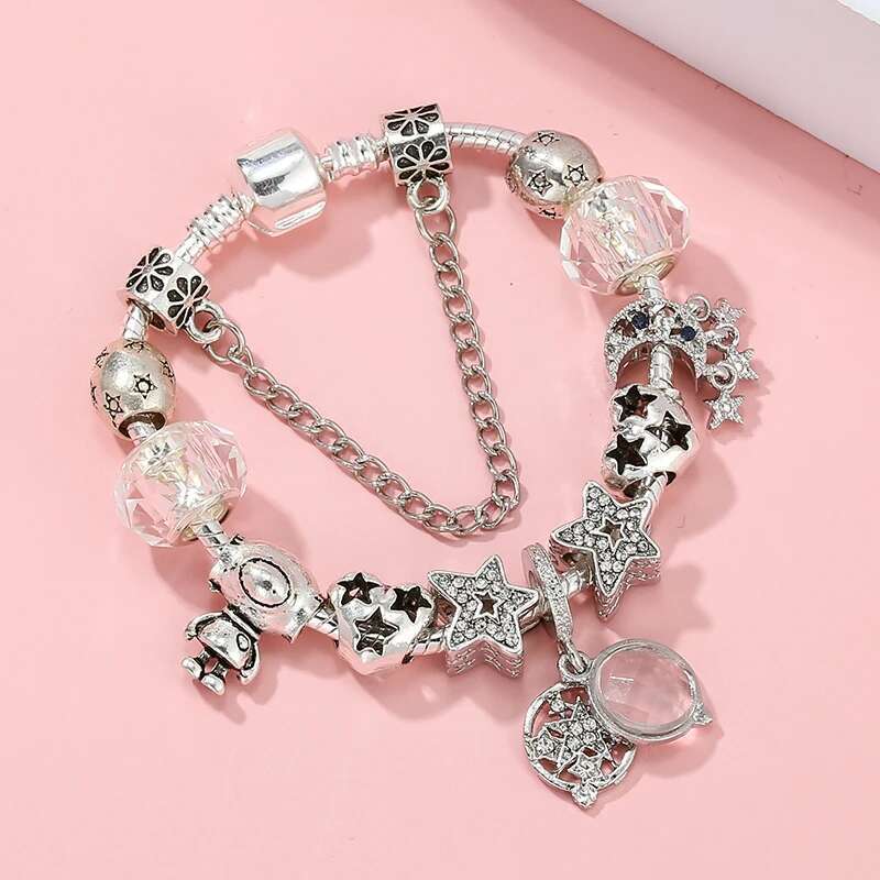 Silver Color Magnified Star Two in One Charm Bracelet With Astronaut Beads DIY Bracelets Jewelry Gift For Women Men Dropshipping