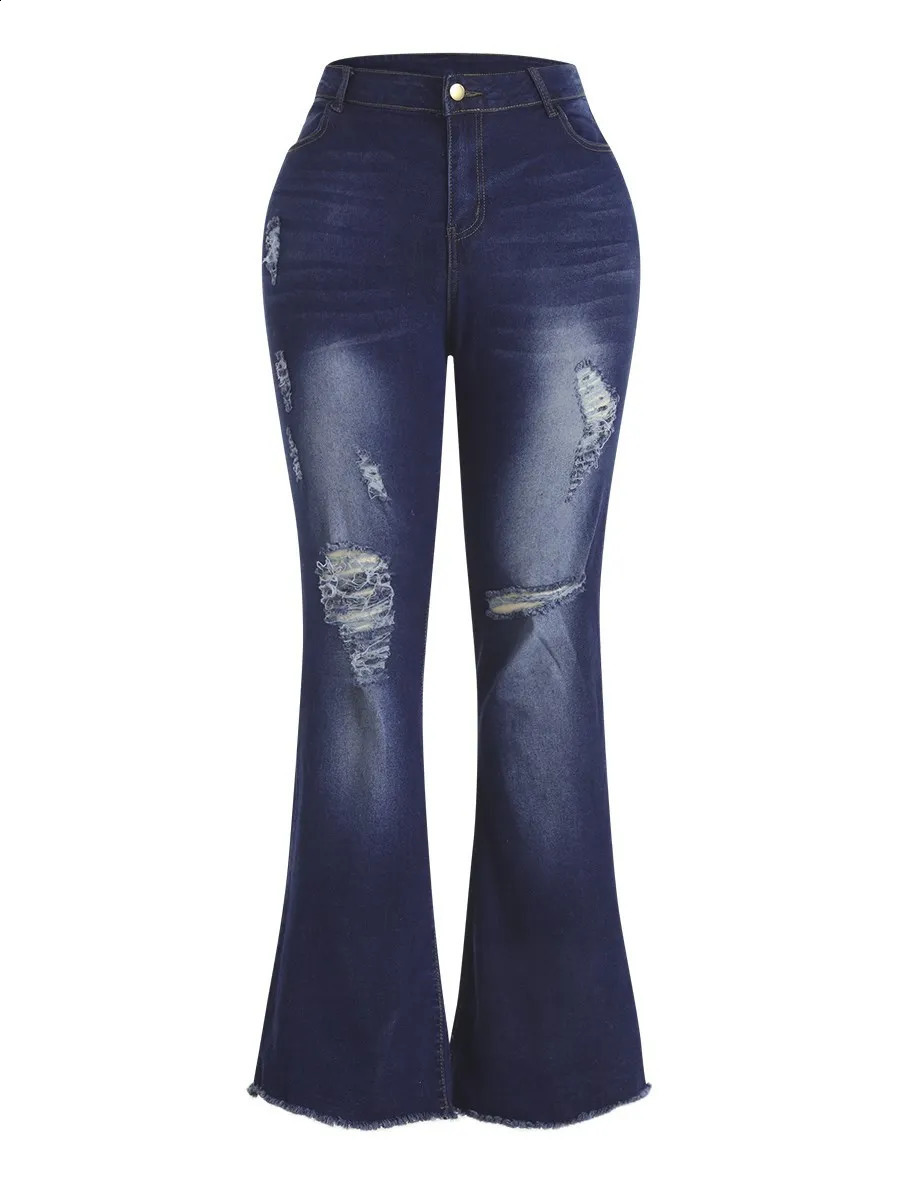 LW Plus Size High Stretchy Ripped Flared Jeans Zipper Fly Floor Length Casual Solid Color Daily Fashion Street Pants 250319