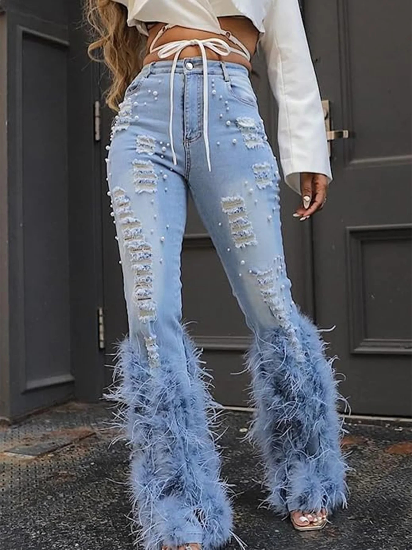 Hollow jeans pearl pants sexy womens high waisted elegant streetwear torn denim feather cargo transport vehicle 250314