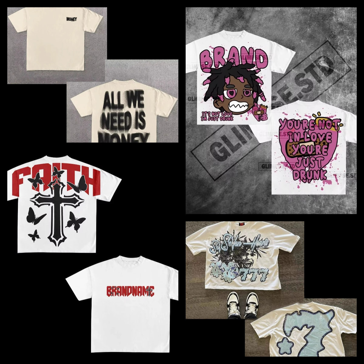 Fashion Crossheart T Shirts Vintage Harajuku Oversized Gothic Streetwear Y2k Tops Goth Clothes Tees 250311