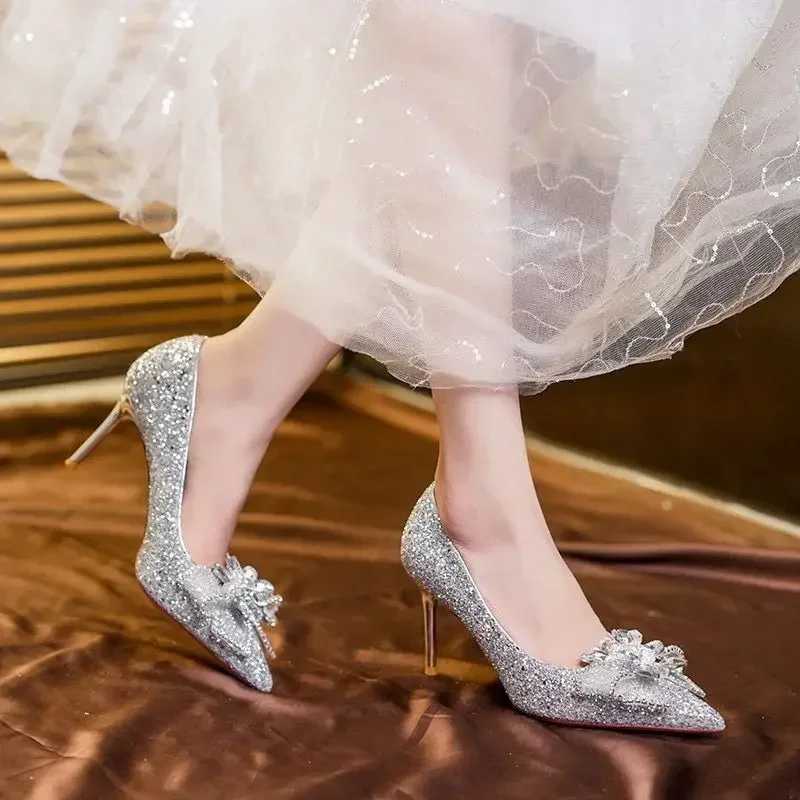 French crystal Sier High H Wens 2024 new bow solid shiny Wens shoes Wen Pointed Toe leisure pump Y250319