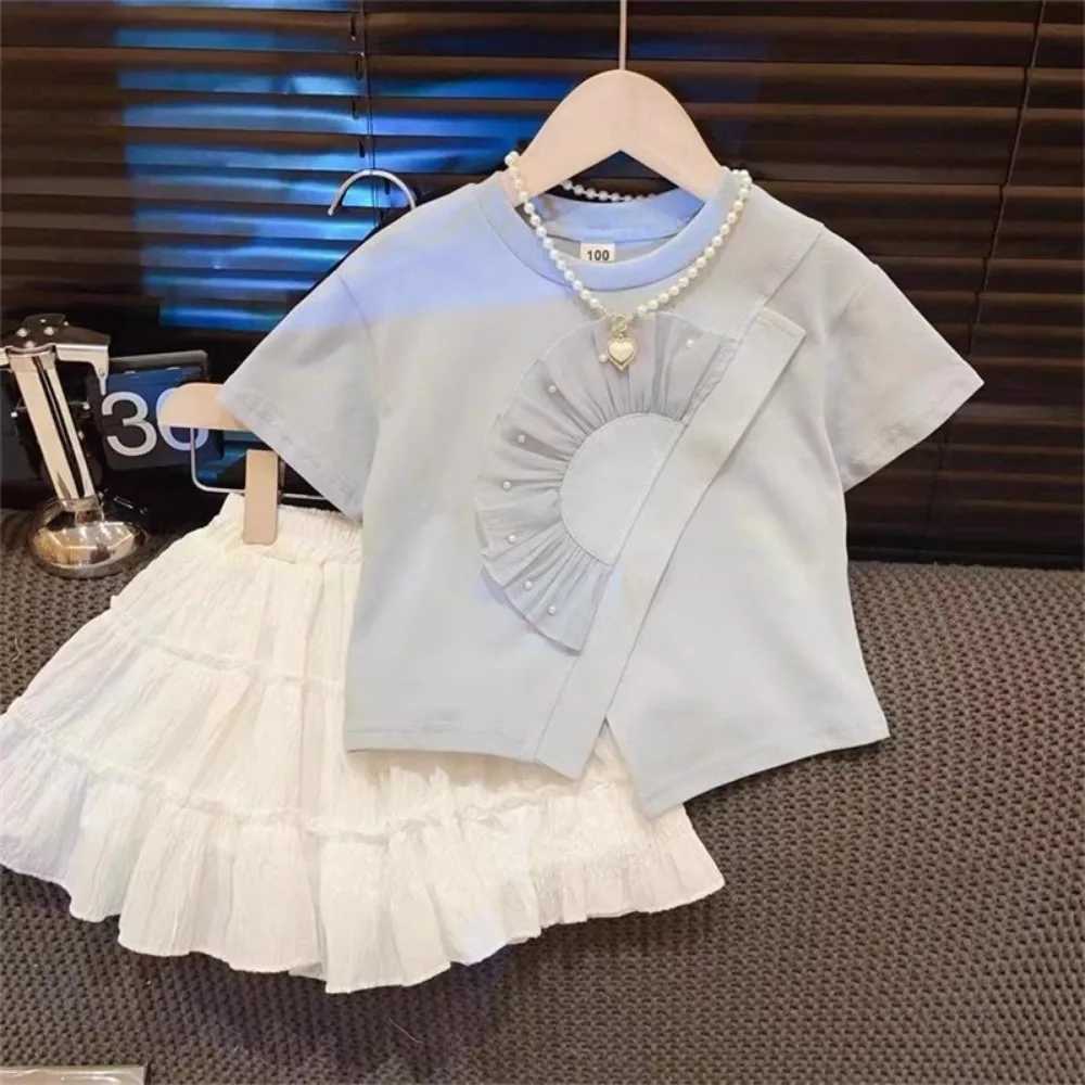 Bear Leader 2024 Summer New Korean Girls Clothes Solid Color Ruffle Short Sleeve Round Neck Casual T-shirt Childrens ClothingT250320