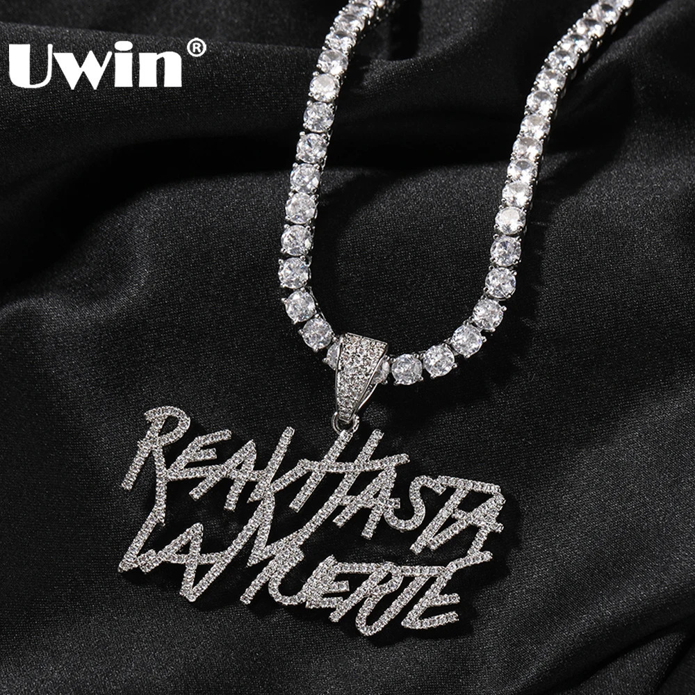 UWIN Cursive Font Real Hasta La Muerte Letters Pendant Necklaces For Men Iced Out Cubic Zircon Charms Fashion Jewelry for Gift 250320