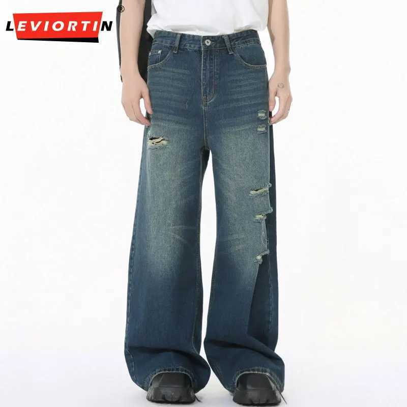 Mens Korean version of the new high street clean fit polished white masochistic wide leg fashion loose and casual jeans trendT250319