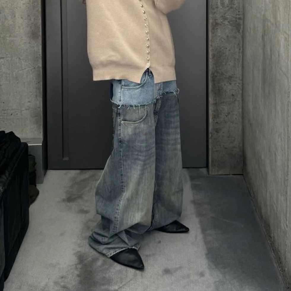 Cut double-layer double waist spliced work bag jeans suitable for men and women straight casual loose denim shortsT250319