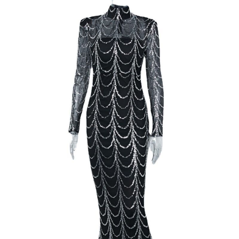 Women's Clothing Sleeved Black Traig Sexy Perspective Striped Sequined Long Evening Dress