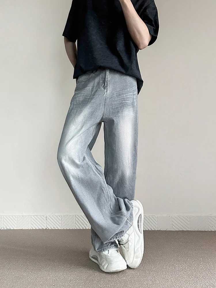 New retro grey pocket jeans mens fashion Harajuku casual Y2k pants straight high street mens wide denim TrousersT250319