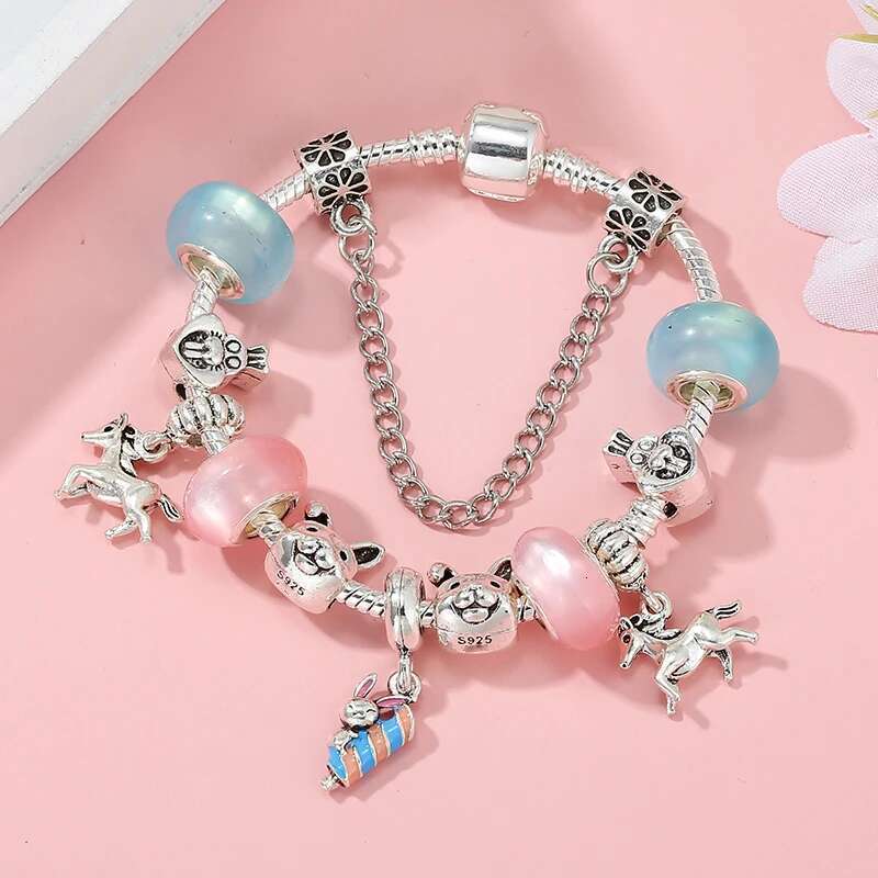 Silver Color Lovely Rabbit Beads Charm Bracelet With Gallng Mustang Pendant DIY Bracelets For Women Jewelry Gift Dropshipping